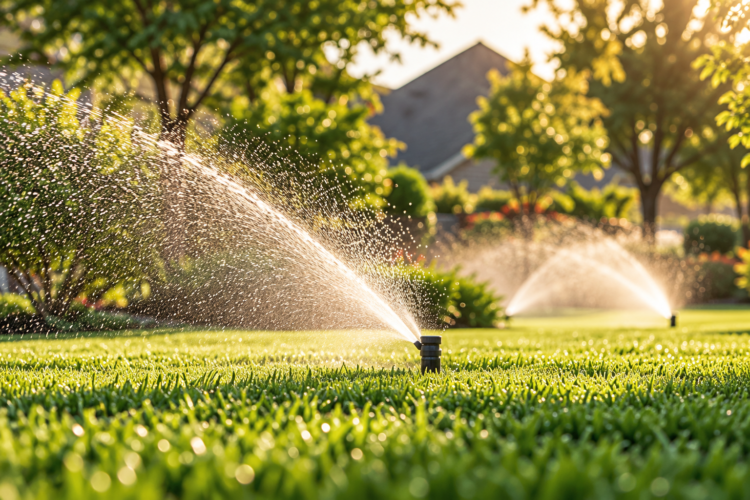 Lawn sprinklers watering healthy green grass in warm morning light